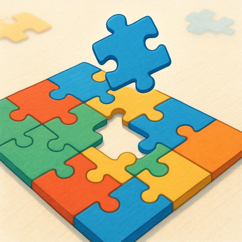 A colorful storybook illustration of a large jigsaw puzzle that is almost finished. One piece is missing from the center, and that crucial piece is floating directly above the empty spot.