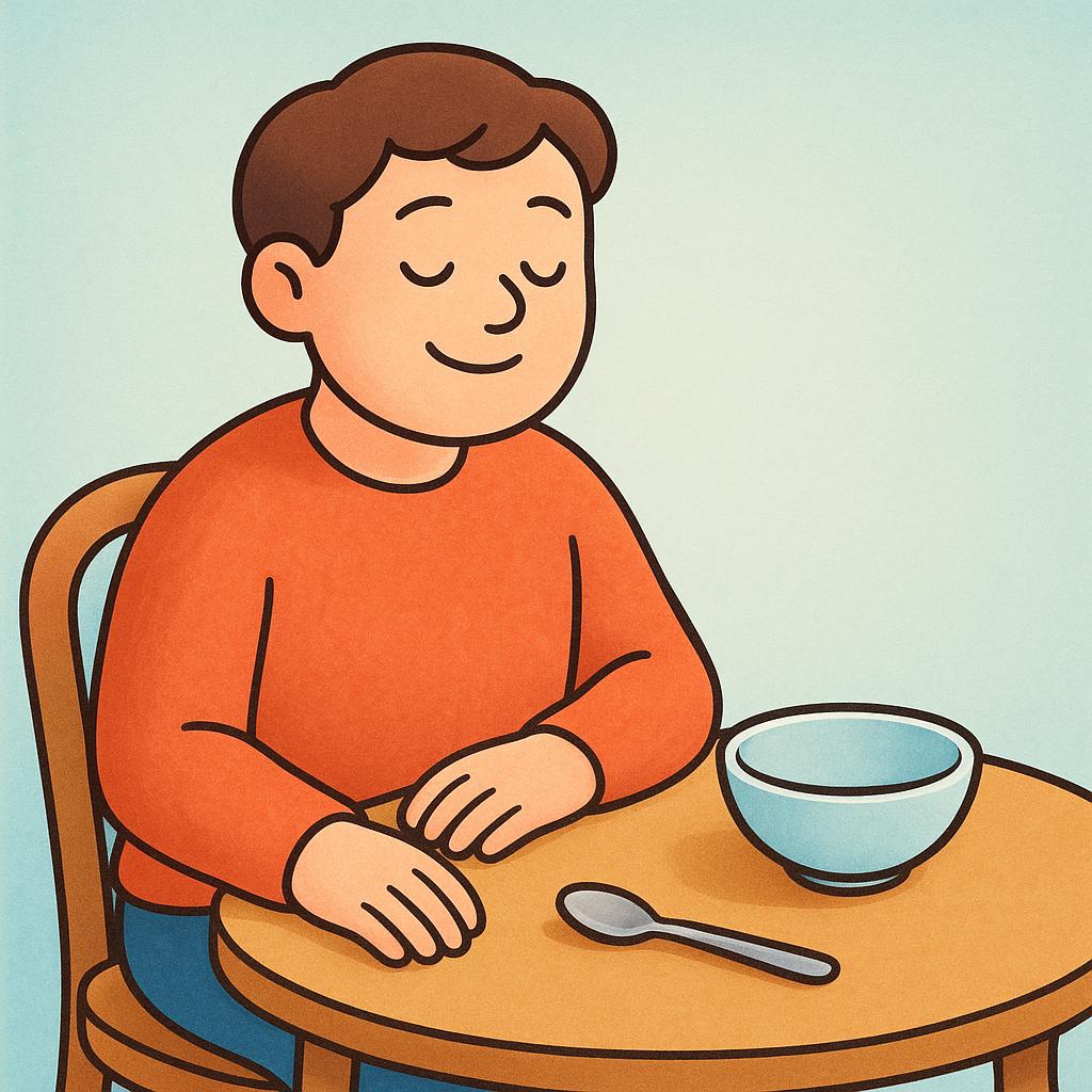 A person sitting at a wooden table, looking satisfied, with an empty bowl and spoon in front of them, symbolizing a completed action.