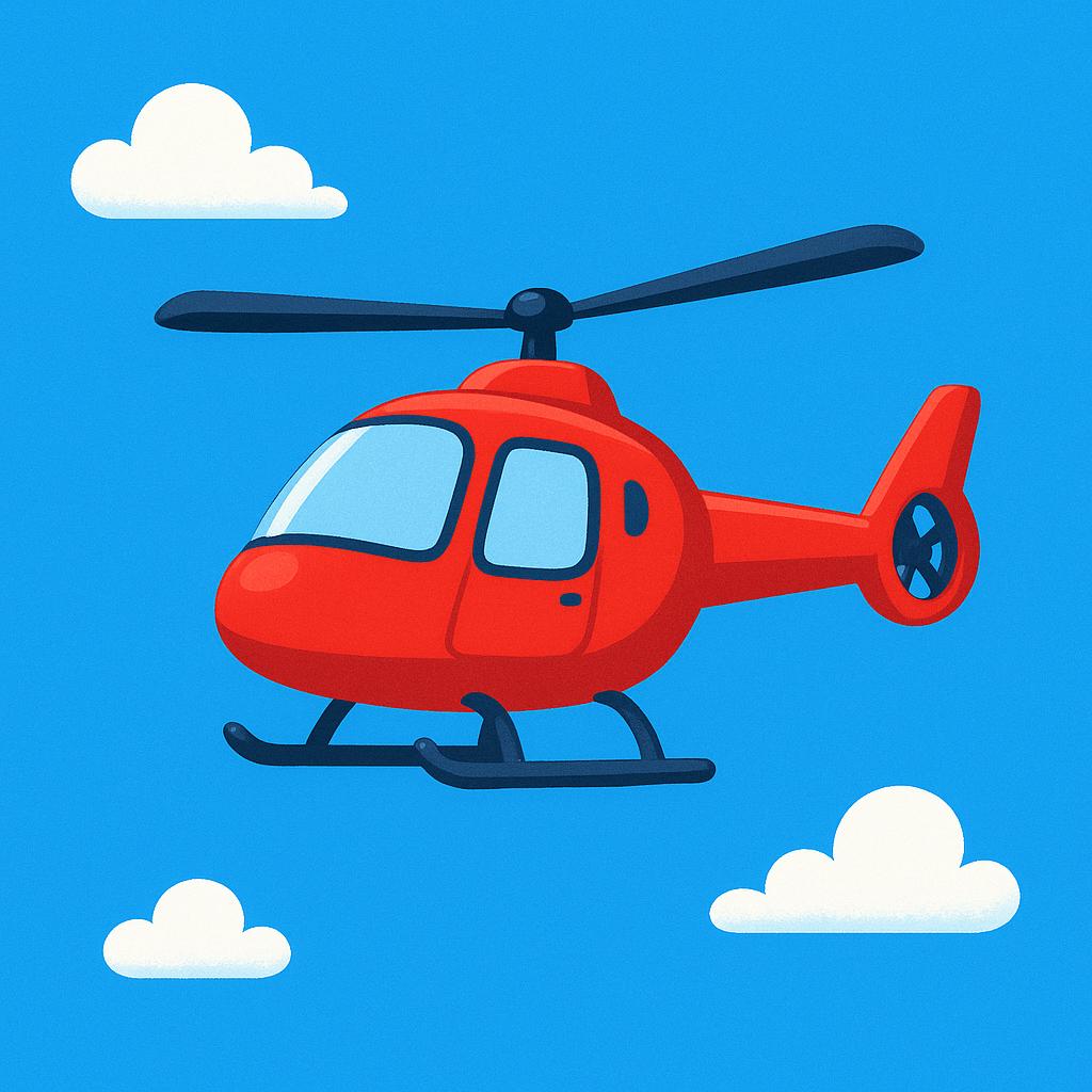 A simple red helicopter with spinning rotors is flying high against a bright blue sky.
