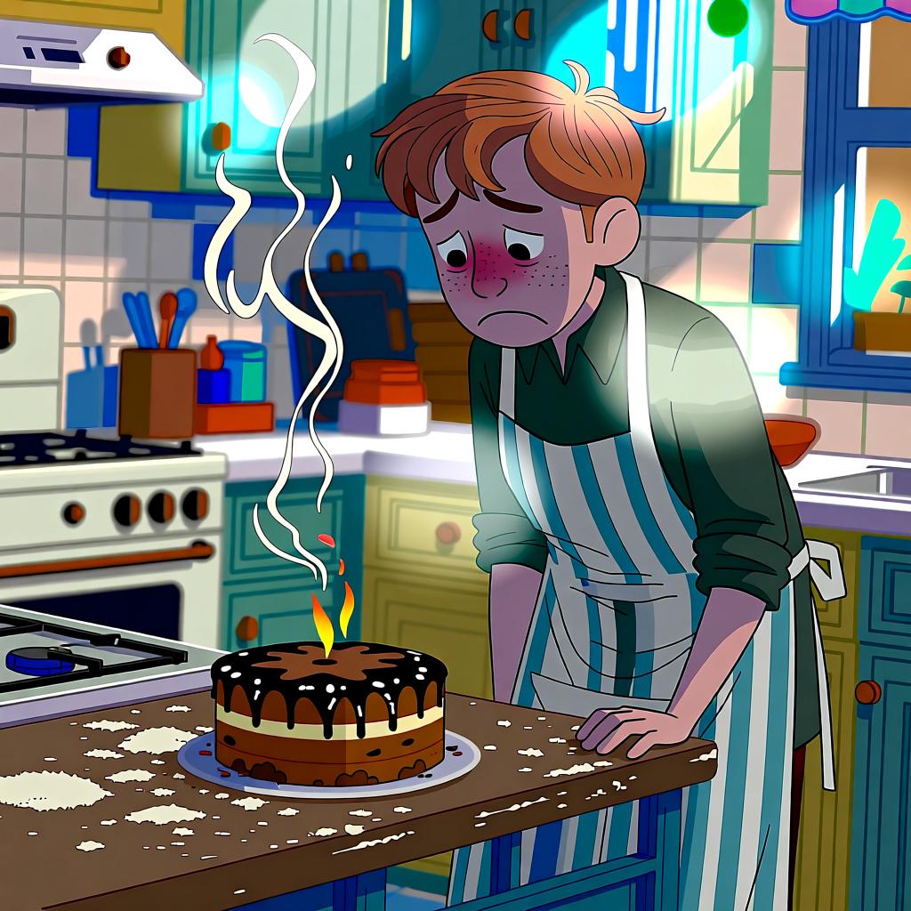 A person looking frustrated at a burnt cake they just took out of the oven, illustrating an action done badly.