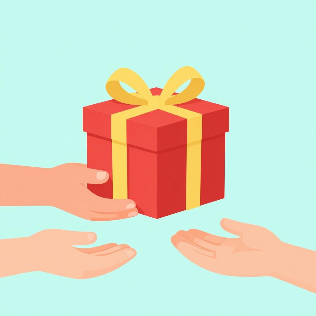 A person handing a colorful wrapped gift to another person.