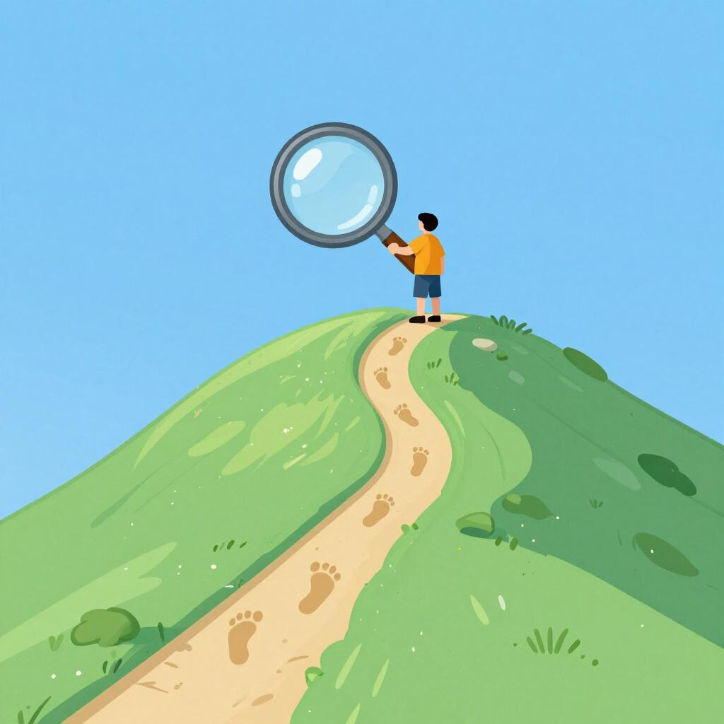 A person standing on a mountain peak looking at a winding path below through a magnifying glass.