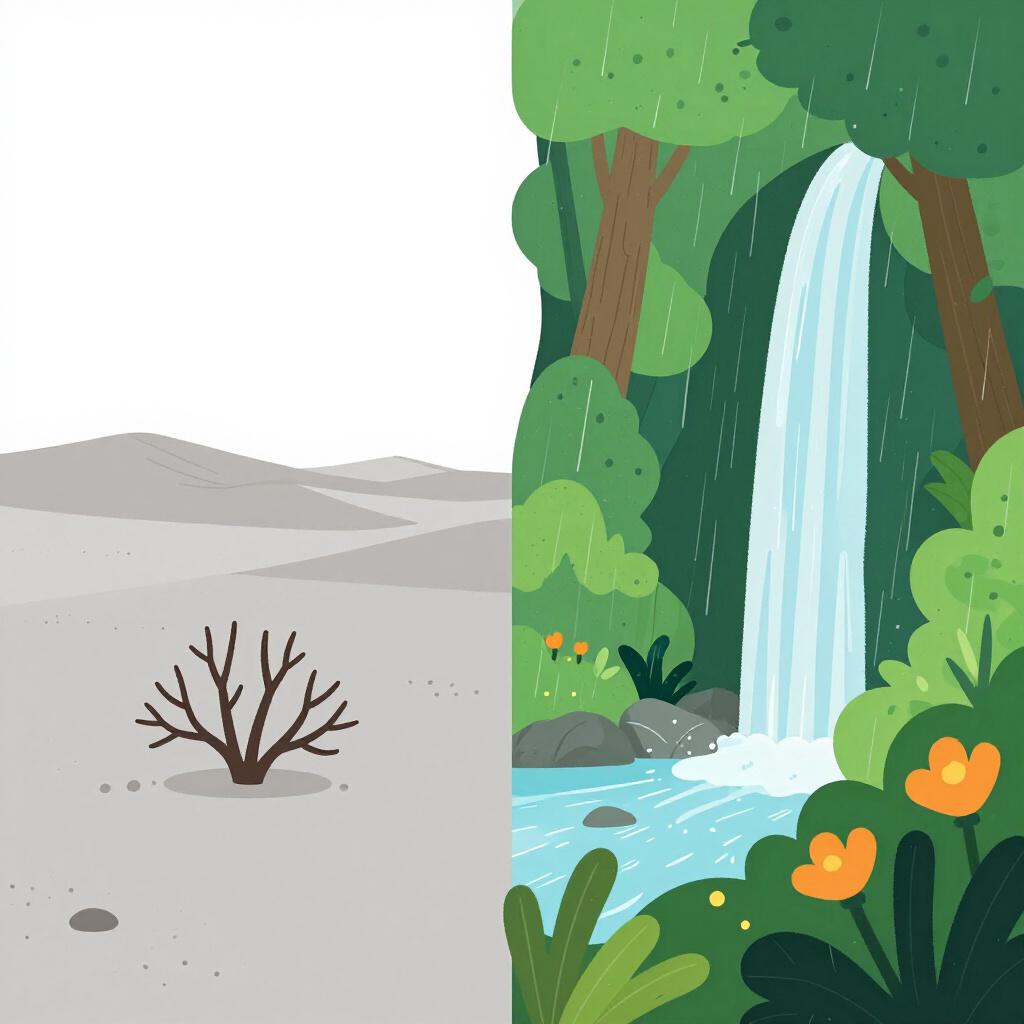 A vibrant landscape split down the middle: one side is a dry, gray desert and the other side is a lush, green rainforest.