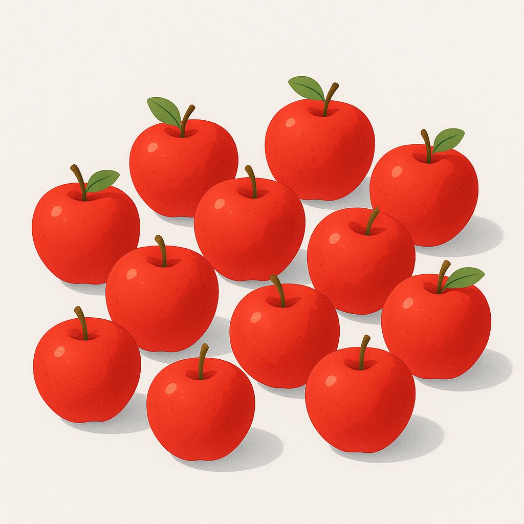 Eleven simple red apples arranged in a cluster on a plain background, clearly illustrating the quantity eleven.