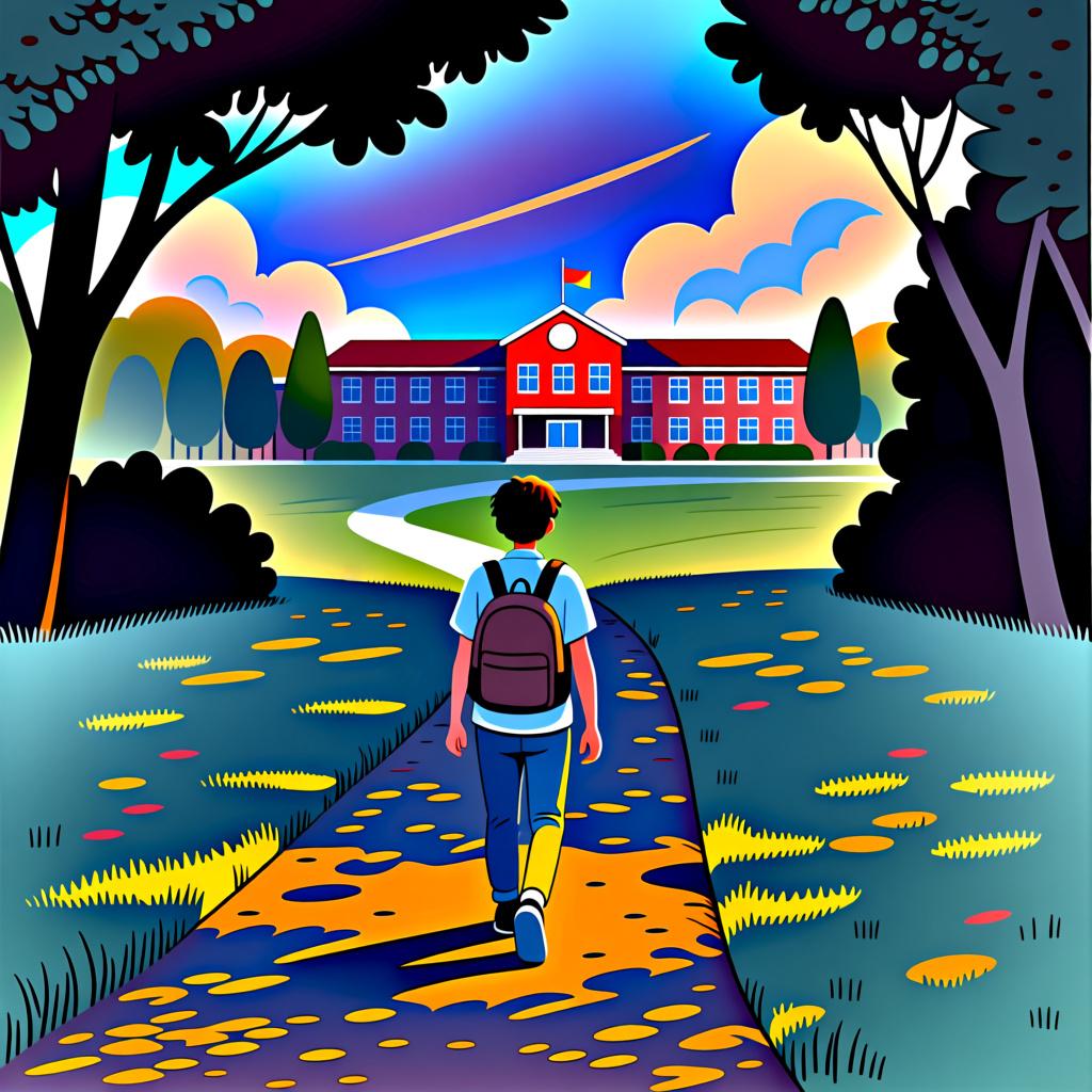 A person walking on a path toward a distant school building, illustrating the concept of 'going' to a destination.