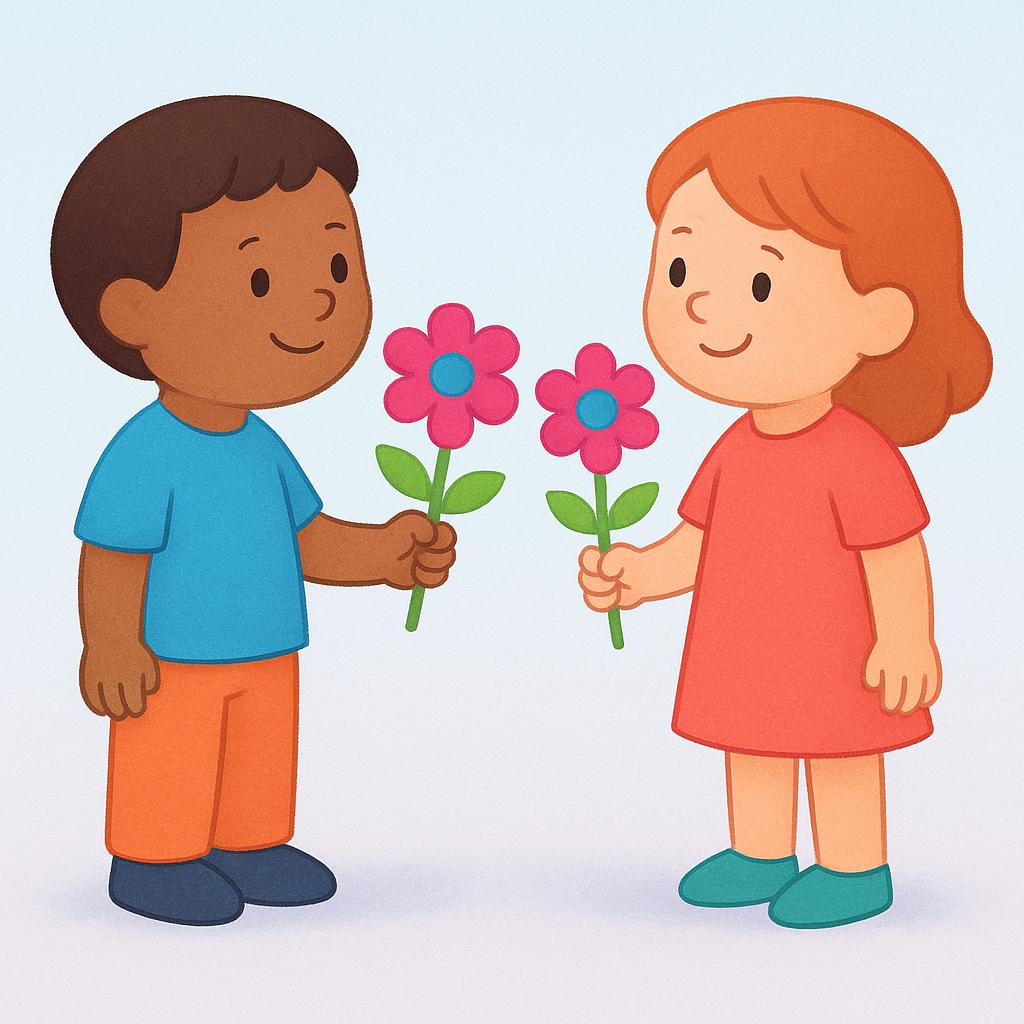 Two friendly figures simultaneously handing identical yellow flowers to each other, symbolizing reciprocity.