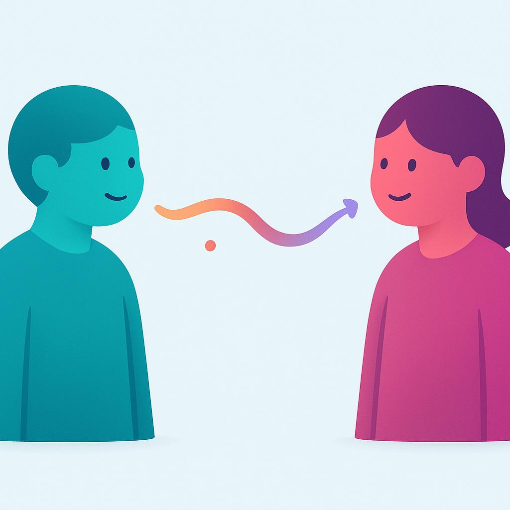 A simple illustration showing two colorful human figures facing each other, connected by a brightly colored, flowing line symbolizing communication.