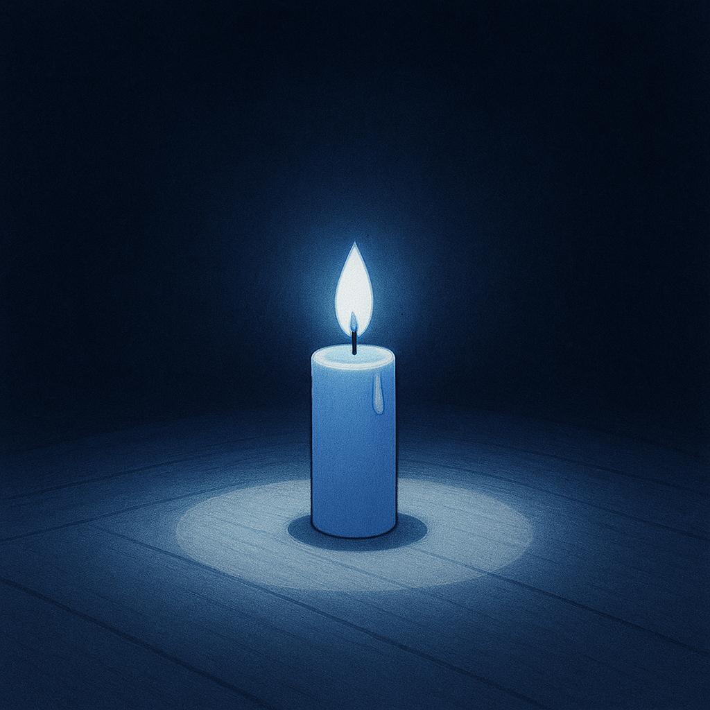 A small, single burning candle providing the only source of light inside a completely pitch-black, empty room.