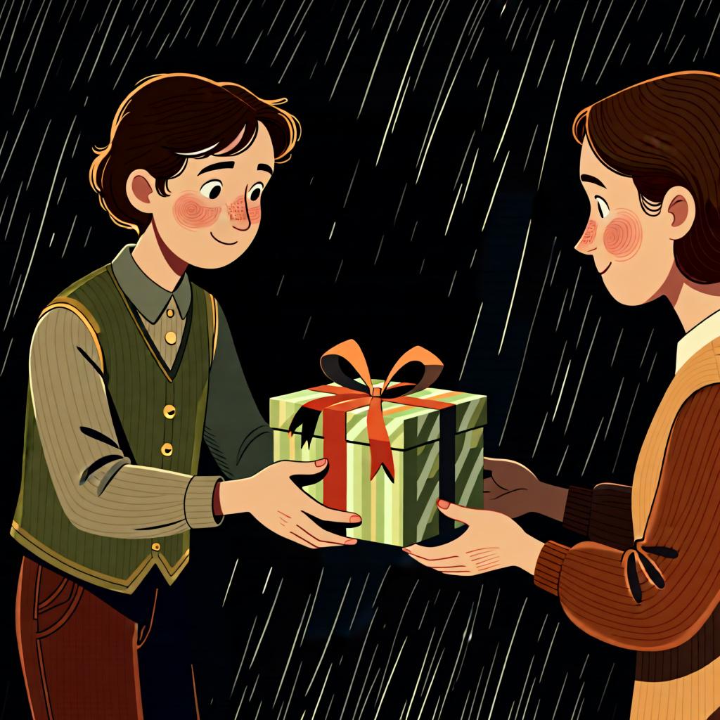 A drawing of one person handing a wrapped gift to another, illustrating an action done 'to' or 'for' someone.