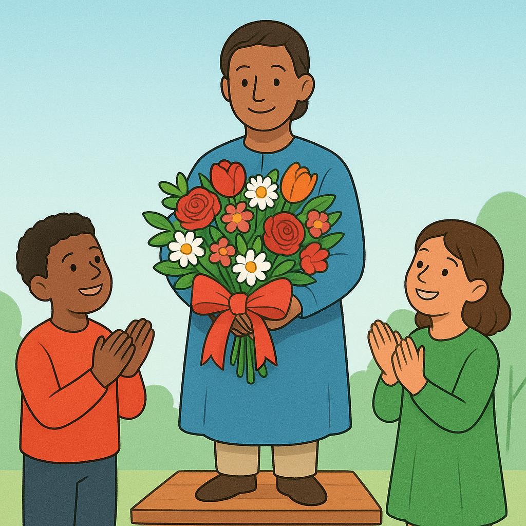 A respected figure standing on a small wooden platform, receiving a bouquet of flowers from two admirers who are smiling and clapping.