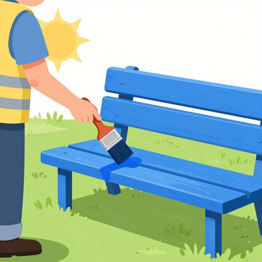 明るいベストを着た人がブラシで公園のベンチを塗っている。