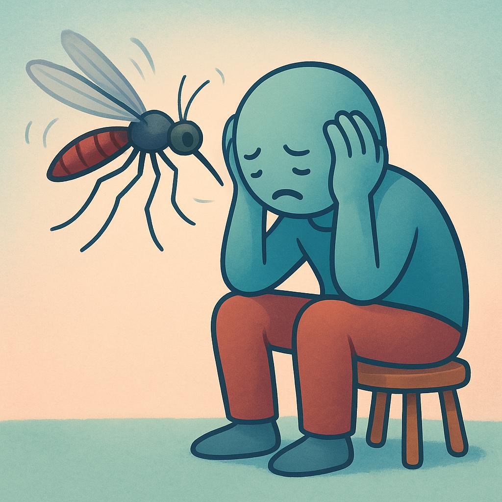 A cartoon illustration of a distressed person covering their ears while a large, buzzing mosquito hovers nearby, symbolizing annoyance.