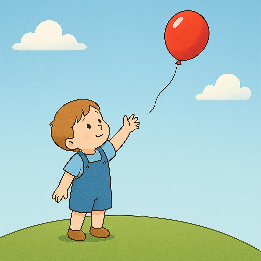 A small child standing on a green hill, reaching wistfully for a bright red balloon floating just above their fingertips, symbolizing hypothetical possession.