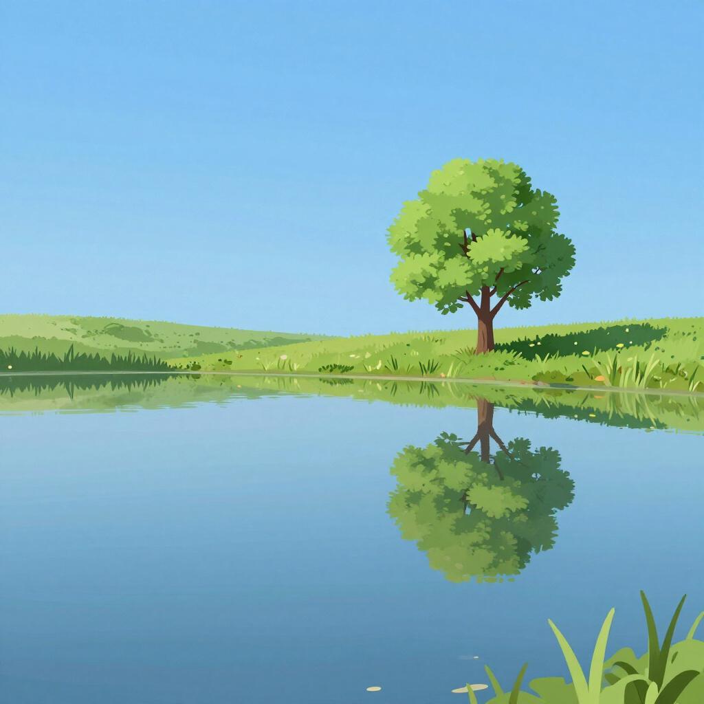 A peaceful lake with perfectly still water reflecting a clear blue sky and a single green tree on the shore.