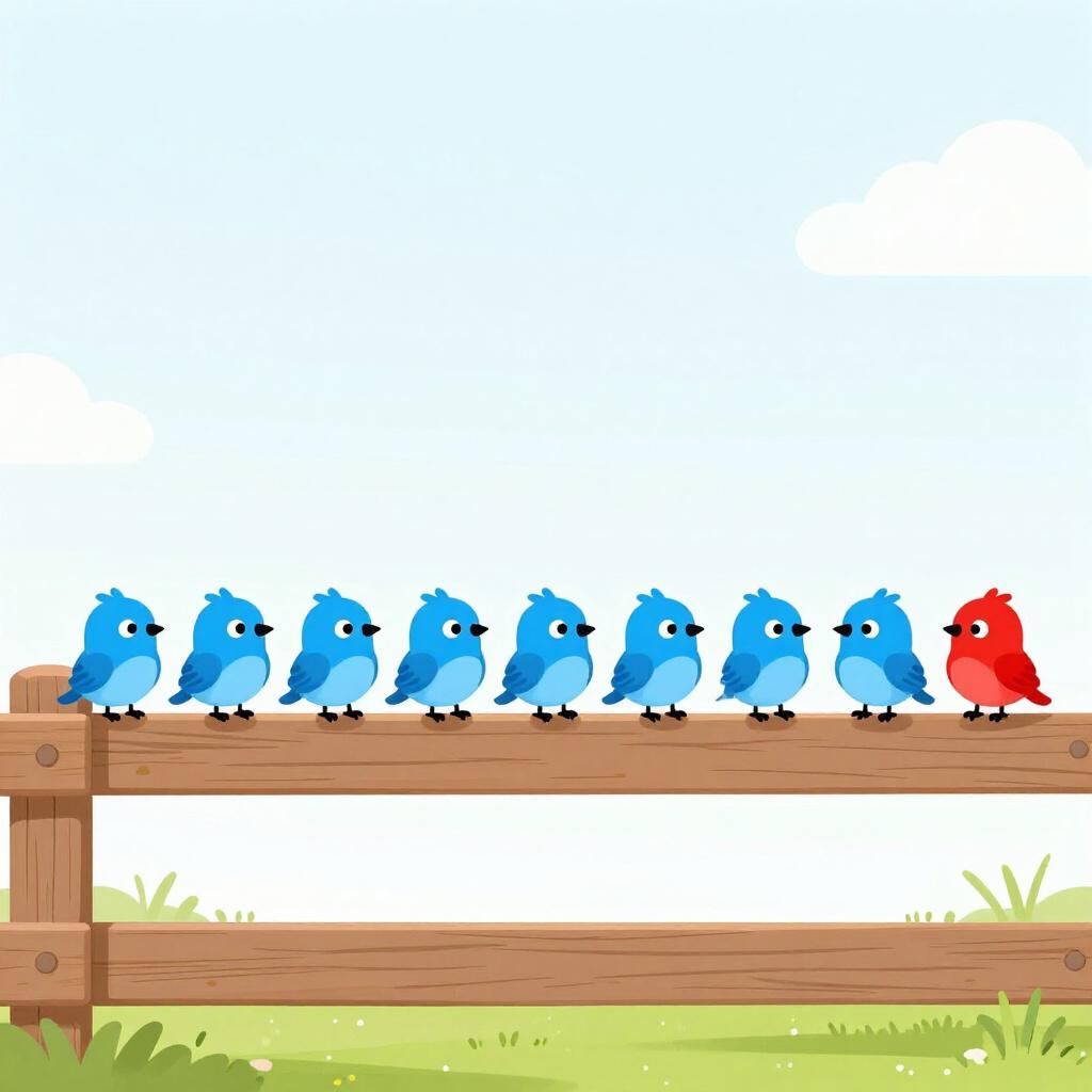 A row of ten colorful birds on a wooden fence, with the last bird highlighted.