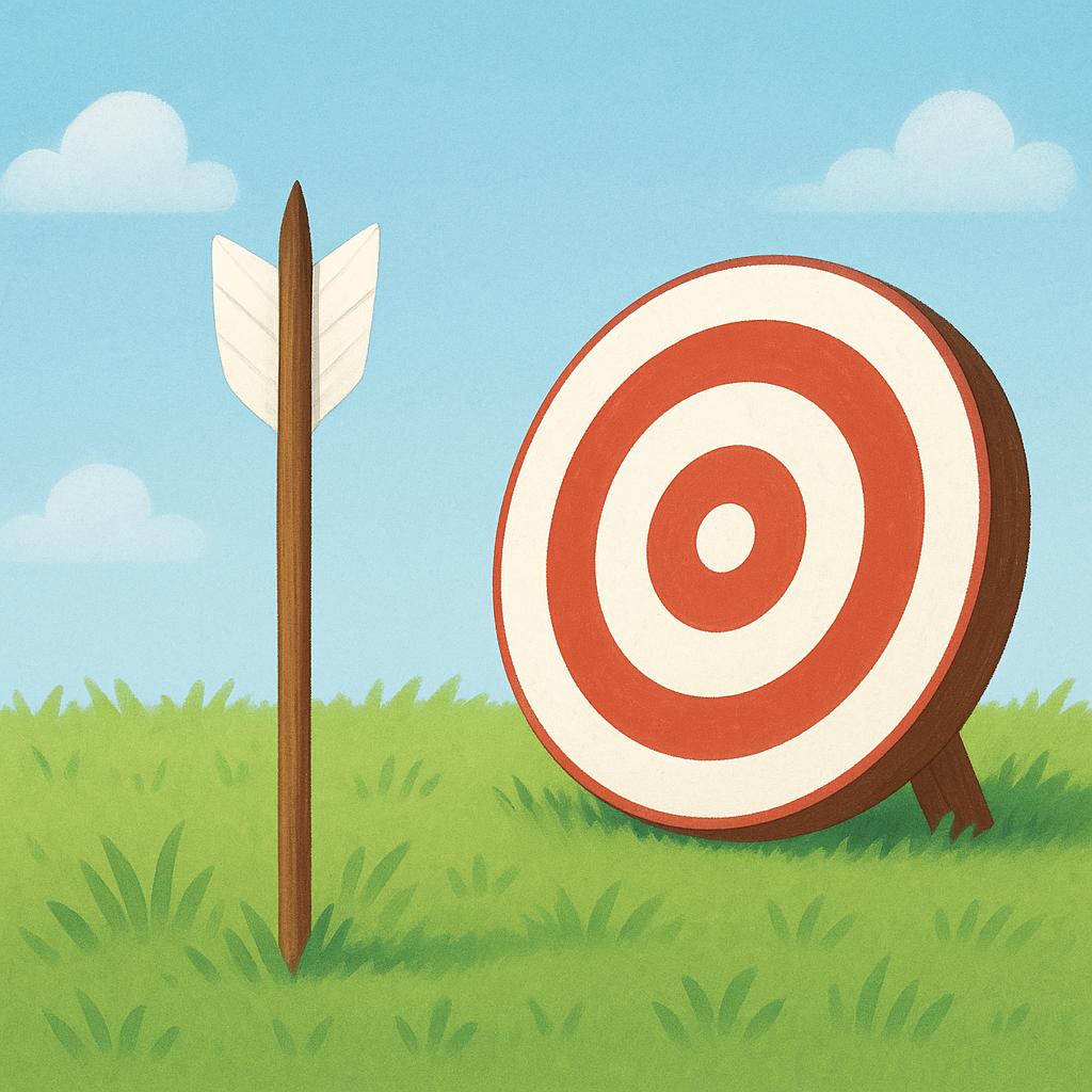 A colorful illustration of an arrow missing a red and white target and landing in the grass nearby.