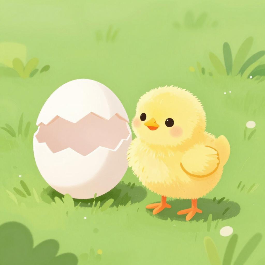 A small, fluffy yellow chick standing next to a cracked eggshell.