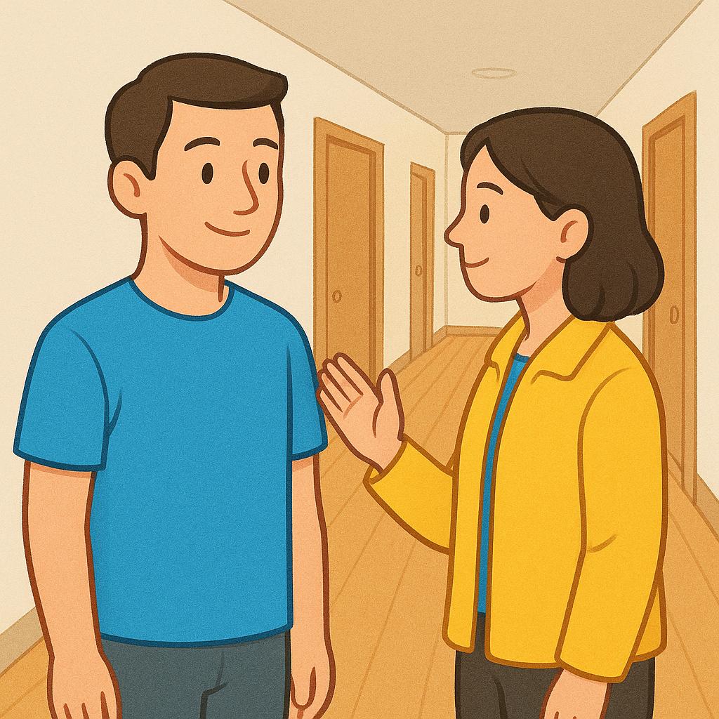 A simple storybook illustration showing a person gently touching the shoulder of another person who is standing in their way, indicating a polite request to be allowed to pass through a crowded space.