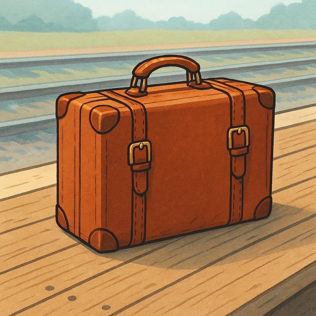 A single, old brown leather suitcase sits alone on a wide, empty wooden train platform, suggesting it has been left behind.