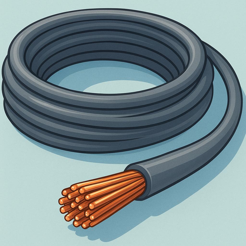 A thick, coiled gray electrical cable with exposed copper wires at the end, suggesting power or connectivity.