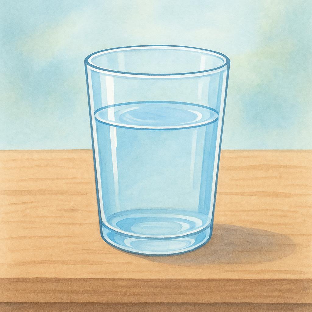 A high quality simple colorful storybook illustration showing a single clear glass of water sitting on a plain wooden table, representing a basic necessity.