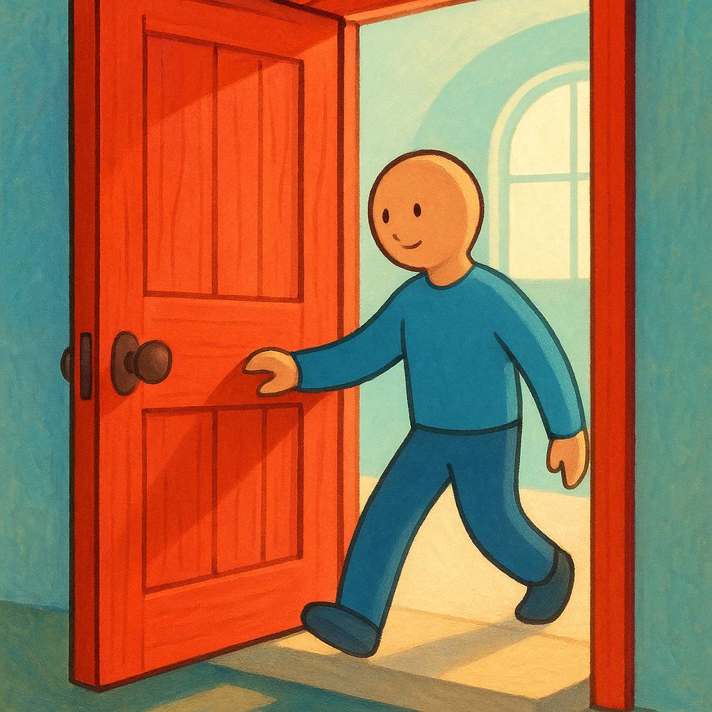 A simple illustration of a stylized figure pushing open a large, brightly colored red wooden door, symbolizing the beginning of a task or journey.