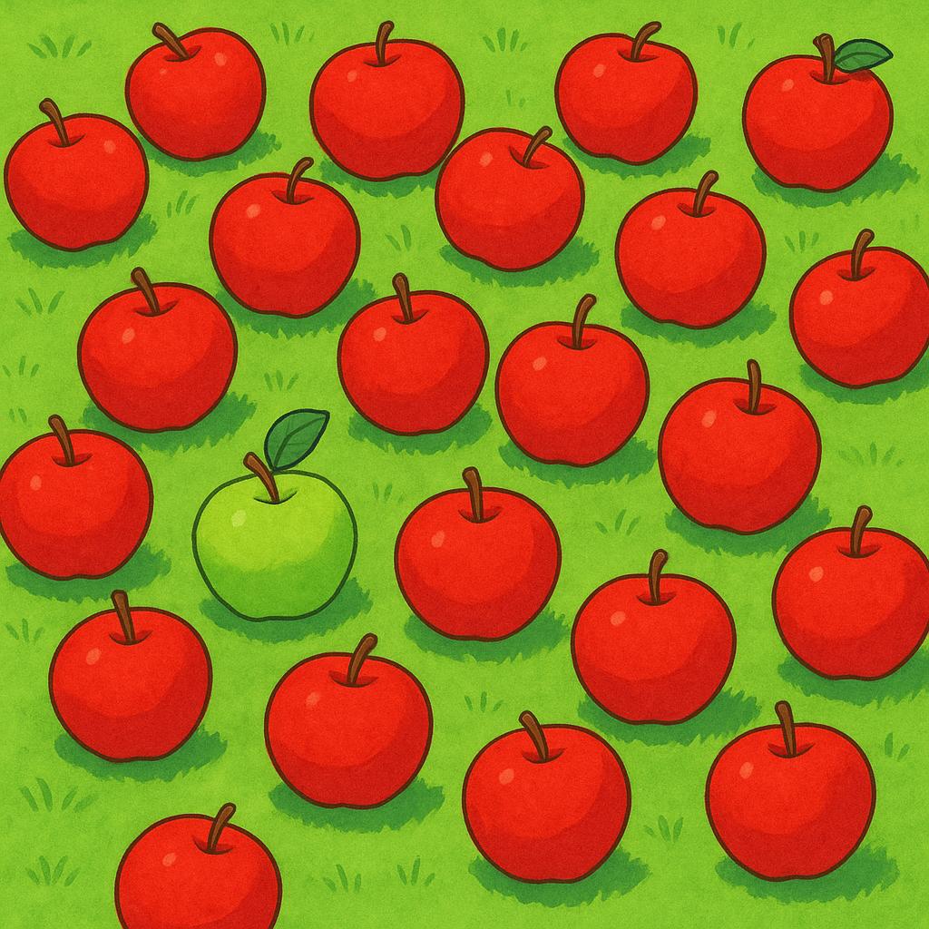 A high quality simple storybook illustration showing a large group of bright red apples scattered on a green lawn, with one single small green apple visible among the dominant red ones.
