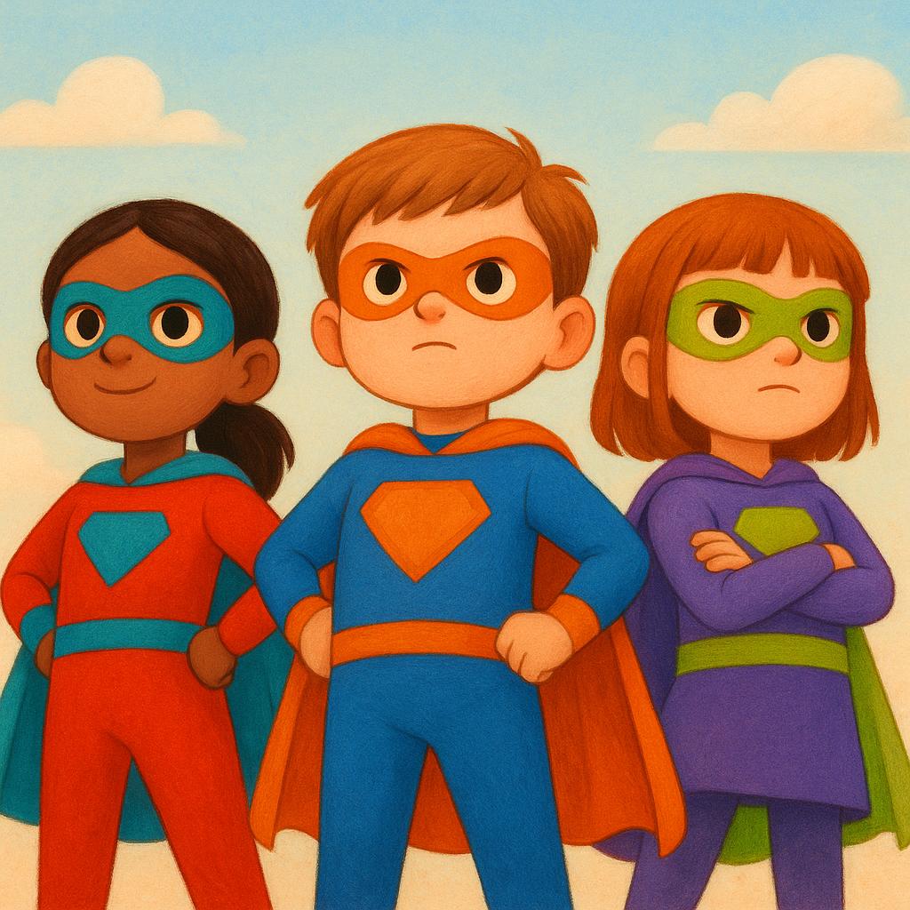 Three young children wearing colorful superhero costumes stand together, posing confidently against a bright background.