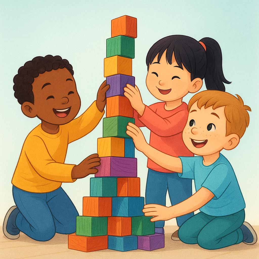 A colorful illustration showing three diverse children enthusiastically collaborating to build a tall wooden block tower together.