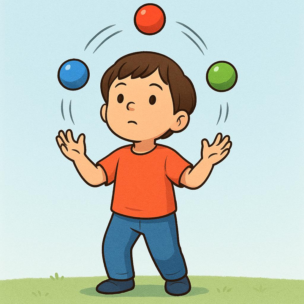 A child intently juggling three brightly colored balls, demonstrating the effort of practicing a skill.