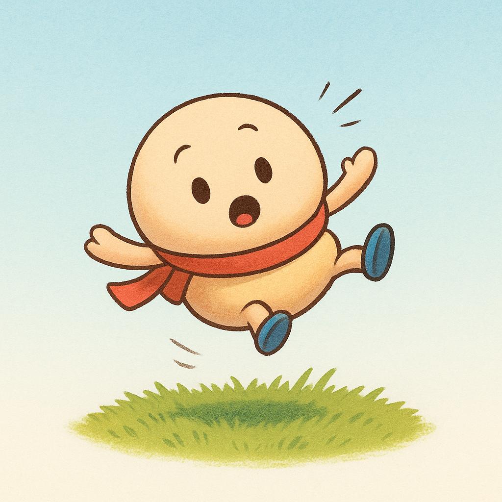 A simple drawing of a cartoonish character, perhaps a small bear or child, tumbling head over heels after tripping on a small stone, illustrating the physical act of falling.