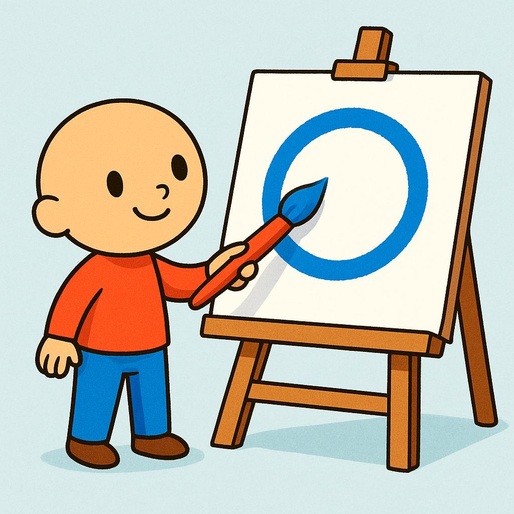 A brightly colored storybook illustration showing a happy child character actively using a red paintbrush to paint a simple blue shape onto a white canvas resting on a small wooden easel.