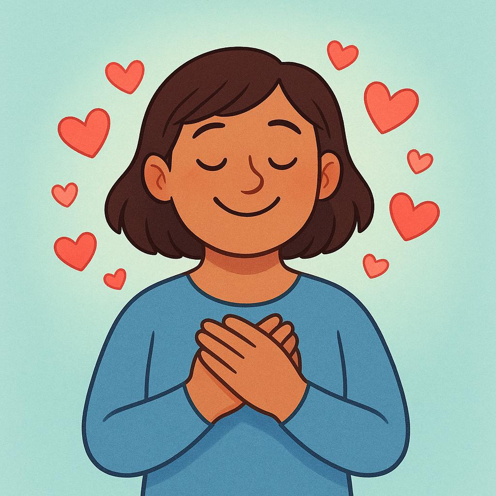 A person smiling brightly and looking joyful, with three stylized pink hearts floating around their head, symbolizing the state of being deeply in love.