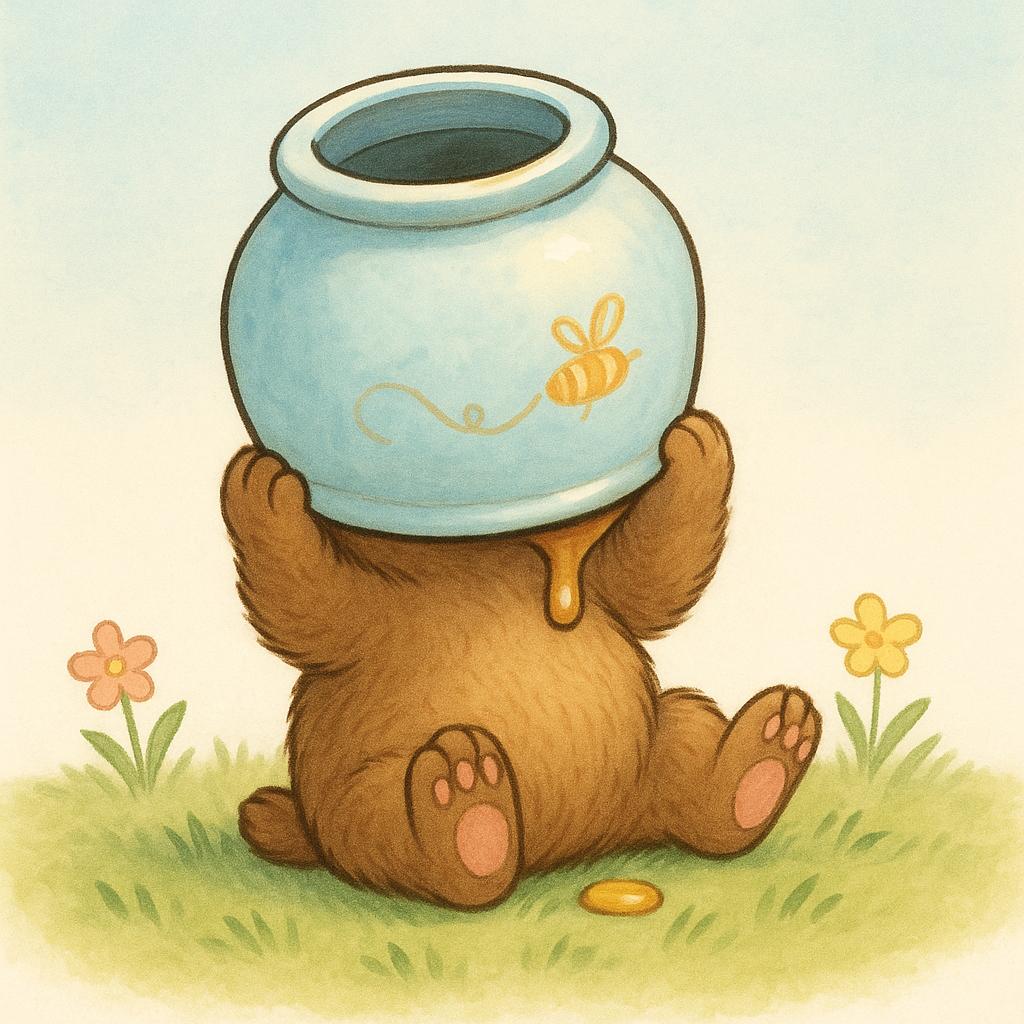 A small, frustrated brown bear cub with its head firmly lodged inside a brightly colored honey pot, unable to pull free.