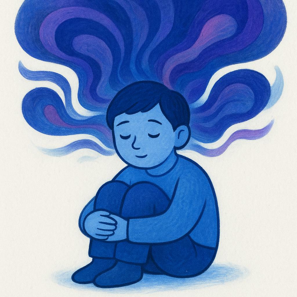 A person sitting quietly, holding their knees, surrounded by swirling, deep blue and purple colors that emanate from their head, symbolizing profound contemplation or intense emotion.