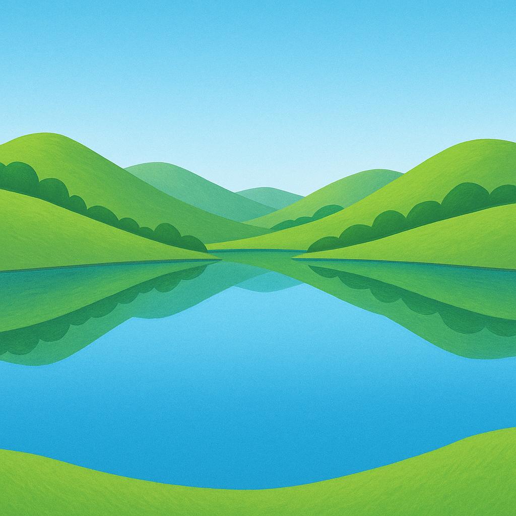 A perfectly still, glassy blue lake surrounded by gentle green hills under a clear sky, symbolizing serenity.