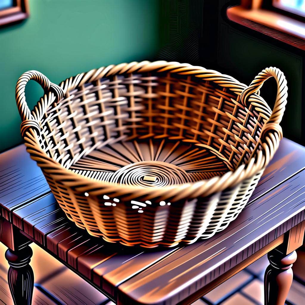 A high-angle view of a large, decorative woven basket sitting completely empty on a rustic wooden kitchen counter, emphasizing the absence of any contents.