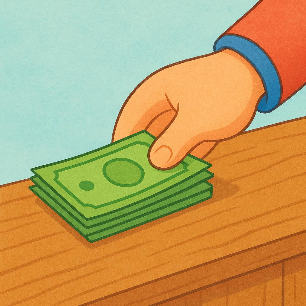A hand placing a stack of paper currency onto a simple wooden counter during a transaction.