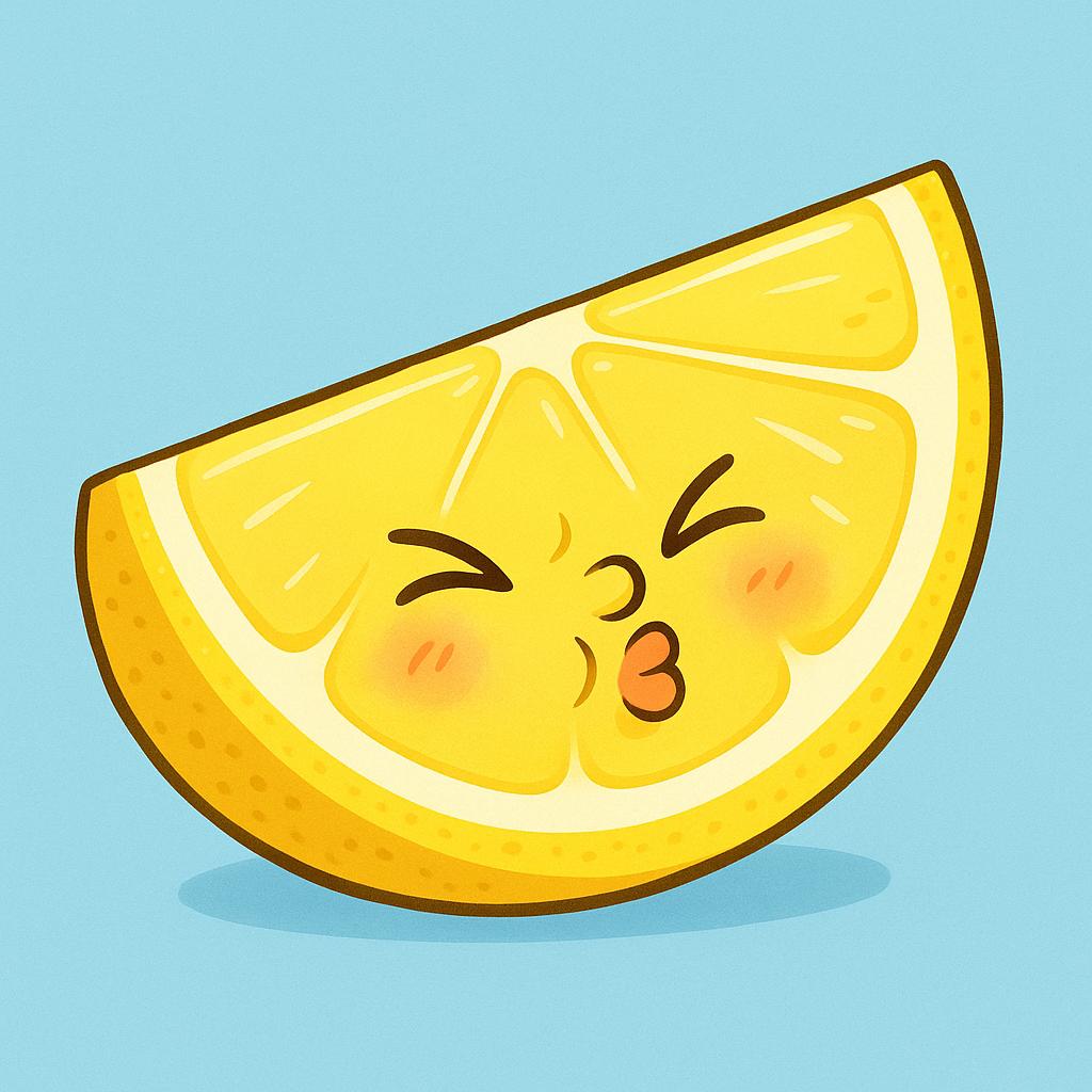 A bright yellow lemon slice with a small, stylized cartoon face puckering intensely, indicating a sour taste.