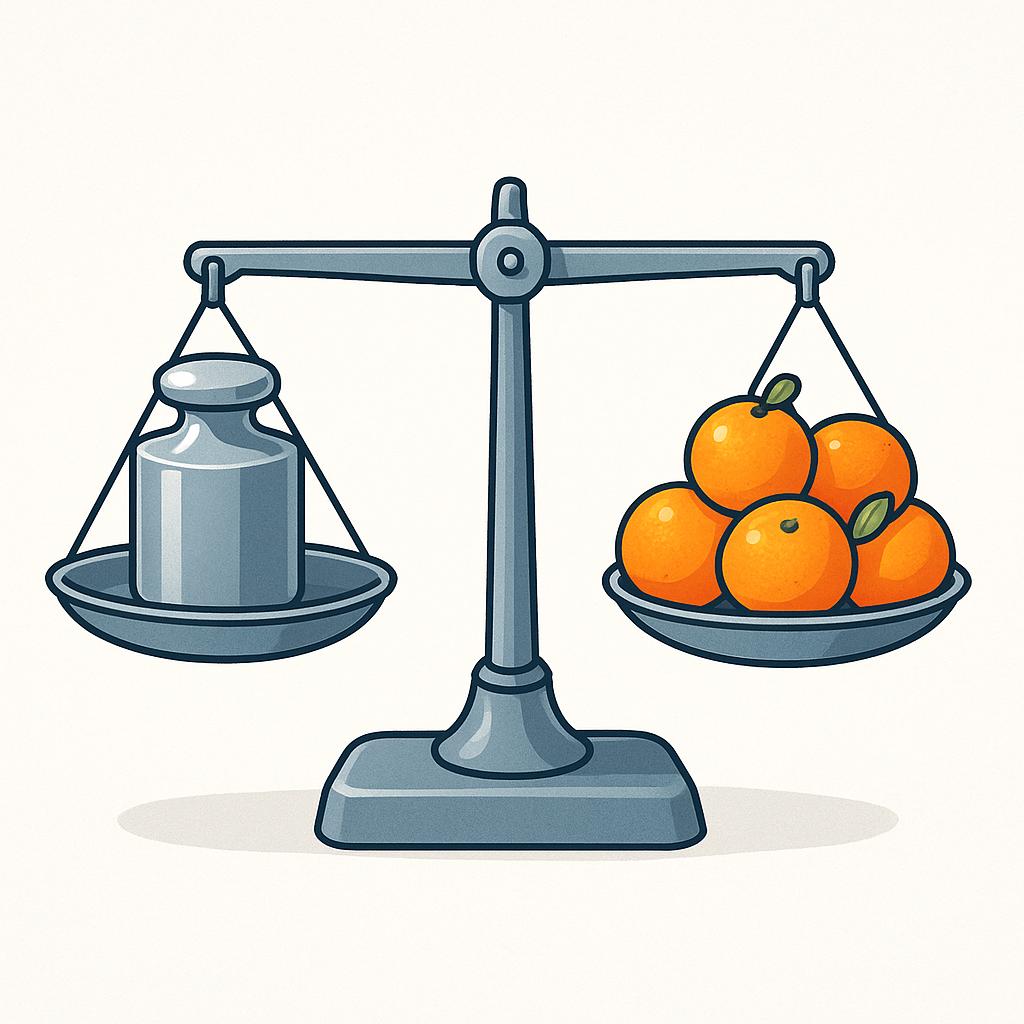 A perfectly balanced scale showing a standardized block weight on the left pan and a pile of colorful oranges equal in mass on the right pan.