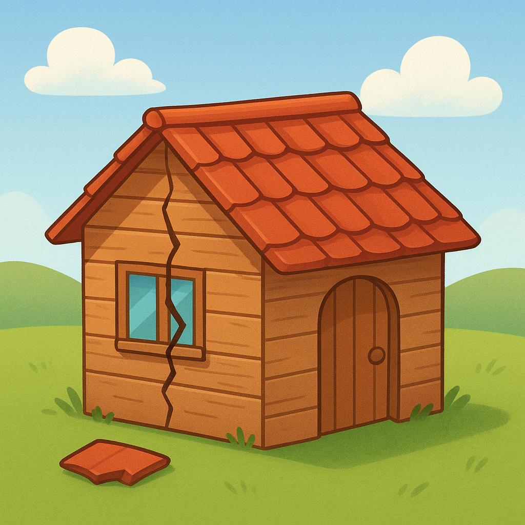 A simple storybook illustration showing a small wooden house with a large, visible crack running down its side and a broken roof tile lying on the ground, symbolizing physical destruction.