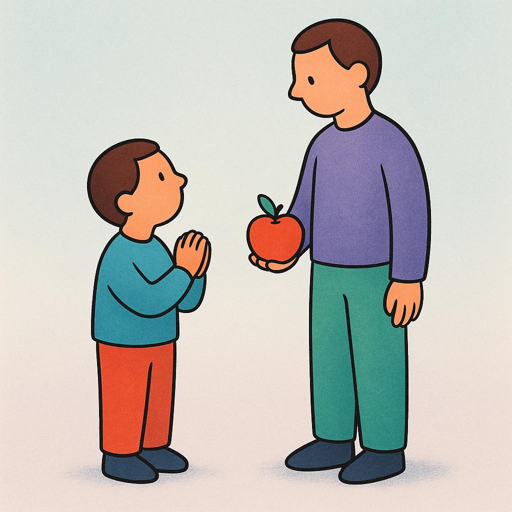 A smaller cartoon figure is looking up and making a pleading gesture with clasped hands toward a taller figure who is holding a single red apple.