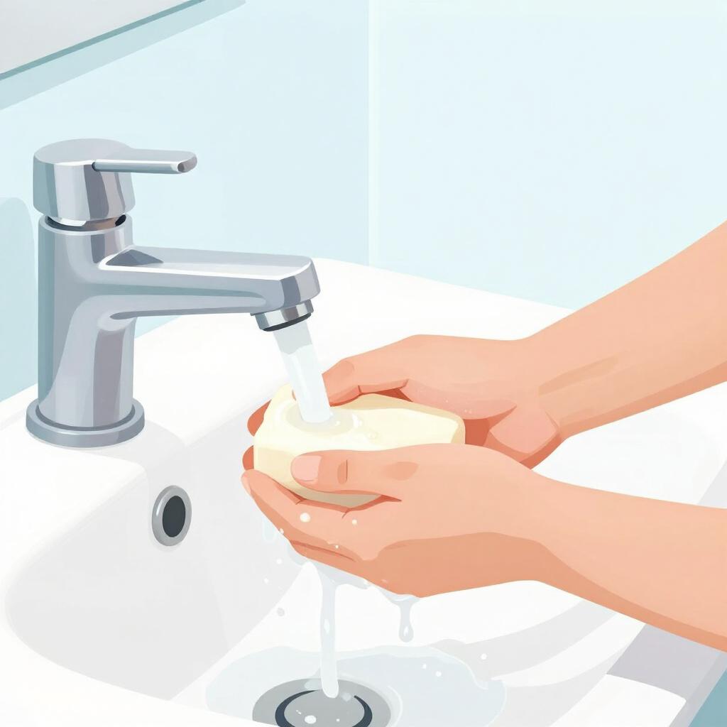 A clean pair of hands being washed with a bar of soap under clear running water.