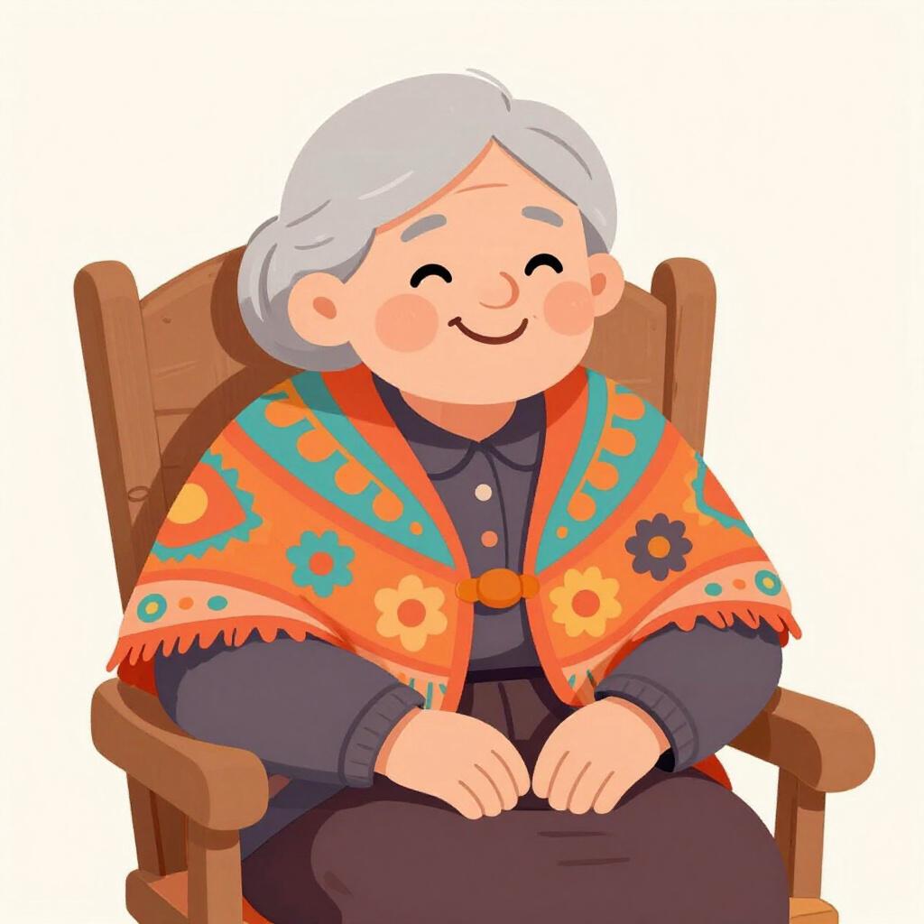 A kind, elderly woman with gray hair wearing a colorful shawl and smiling warmly.