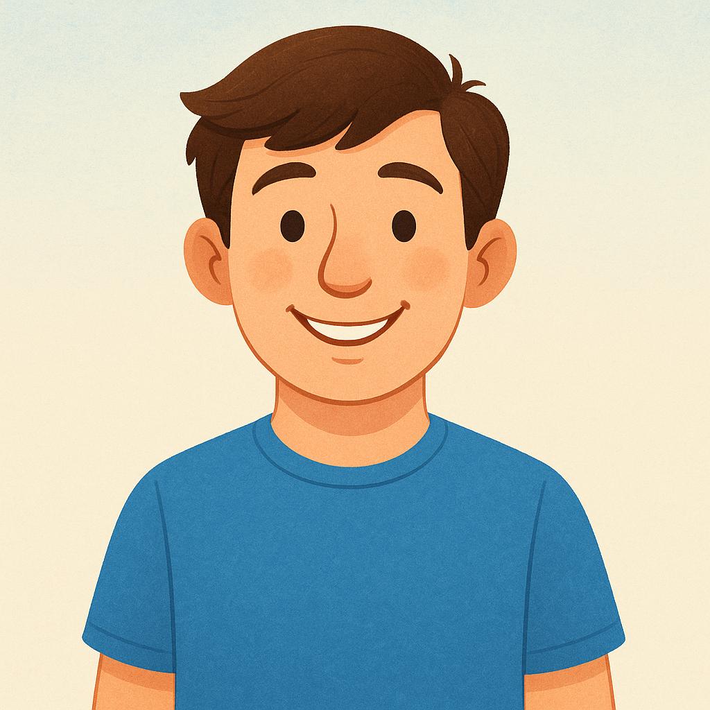 A friendly, smiling young man with brown hair, depicted in a simple storybook illustration style.