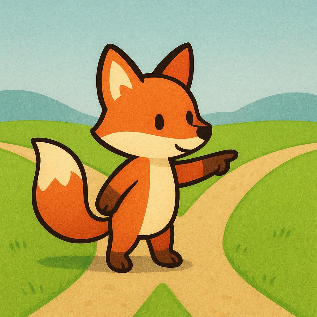 A high quality simple colorful storybook illustration showing a small, stylized fox standing at a fork in a road, looking down one path and pointing. This symbolizes making a choice or decision.