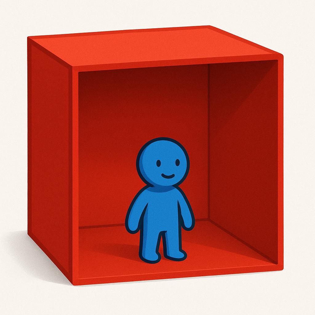 A small blue figure standing inside a large, empty red box, completely dominating the space within the box.