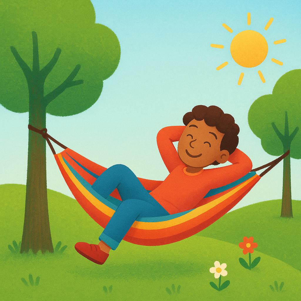 A happy person relaxing in a colorful hammock strung between two trees, symbolizing taking a break or giving oneself a reward.