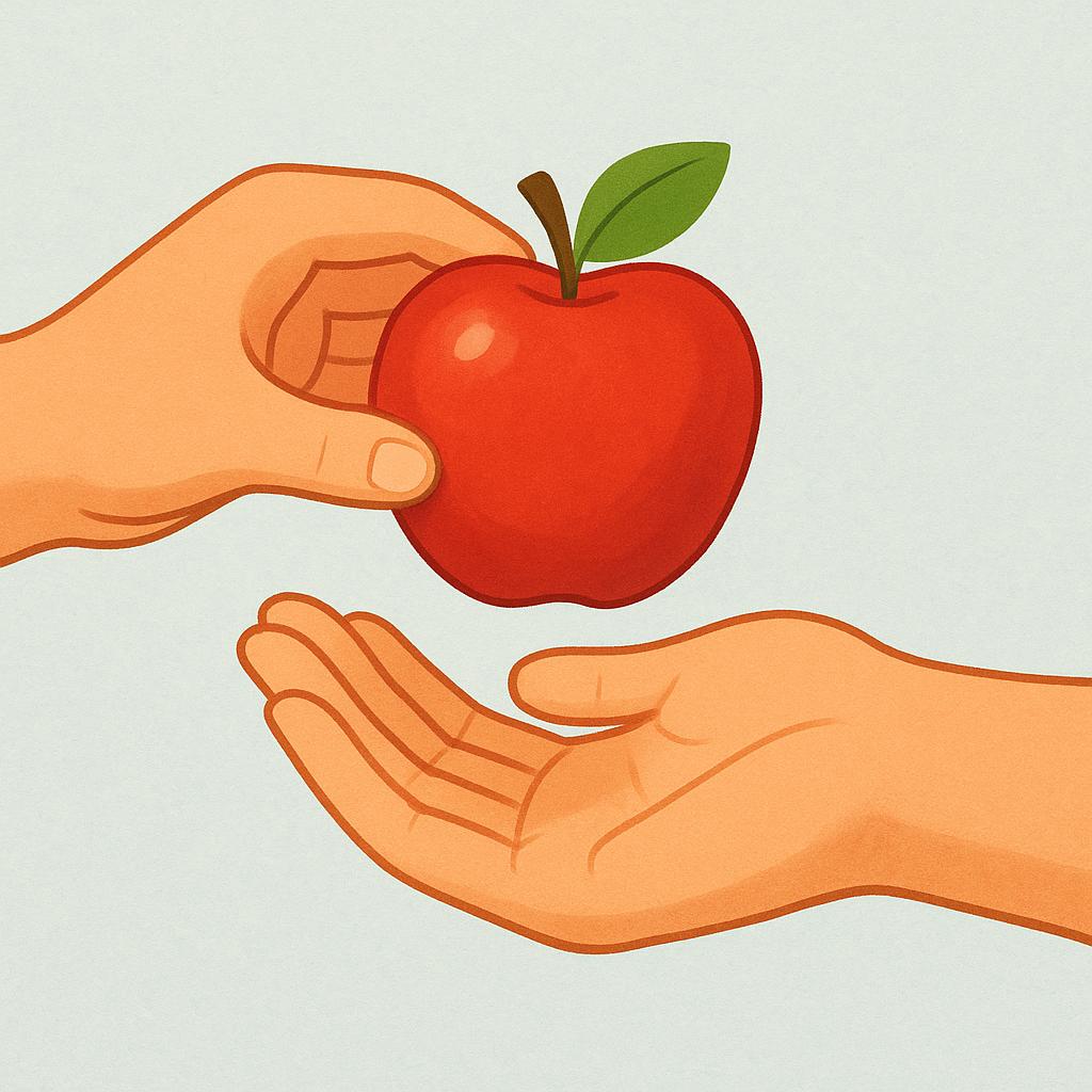 A person's hand offering a bright red apple to another person's open hand, symbolizing the act of taking a physical object.