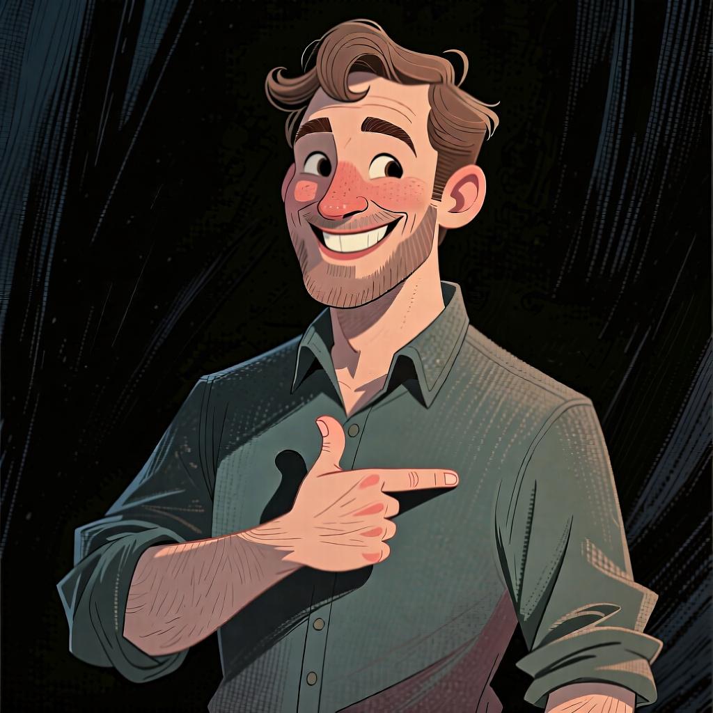 A man pointing to himself, representing the pronoun 'he' or 'him'.